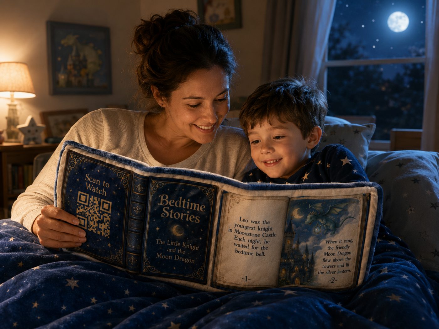 A mother and son reading the Moon Dragon BlankyBook